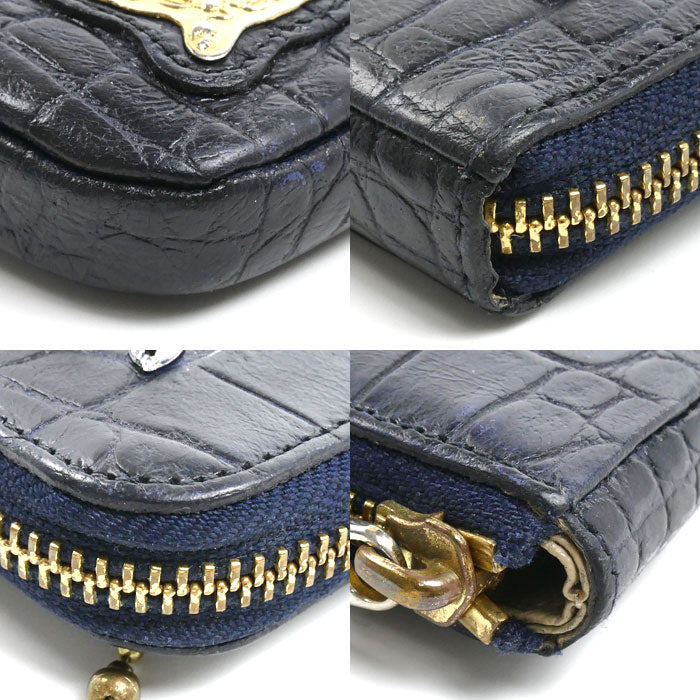 ADMJアクセソワ エーディーエムジェイ 長財布 L字ファスナー ネイビー スワロフスキー レディース【中古】