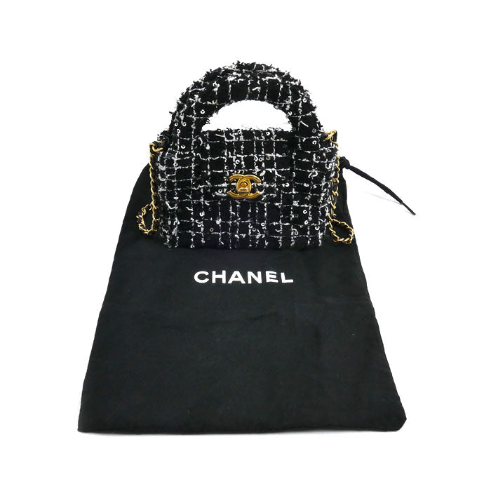 CHANEL シャネル ファブリック ミニチェーンショルダー ショルダーバッグ ブラック AP3435 スパンコール レディース【中古】【美品】
