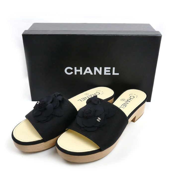 CHANEL シャネル ココマーク カメリア ウッド サンダル ブラック/ベージュ
37 レディース【中古】【極美品】