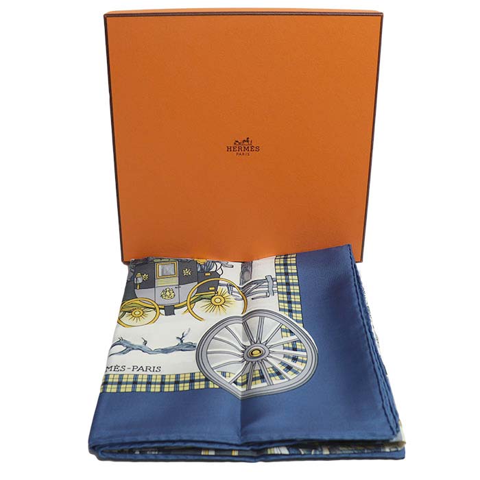 HERMES エルメス カレ90 LHIVER EN POSTE 冬の郵便馬車 スカーフ ブルー レディース【未使用】【買取品】