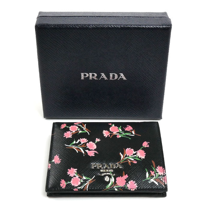 PRADA プラダ サフィアーノ フラワーブーケ 二つ折り財布 ブラック 1MV204 レディース【中古】