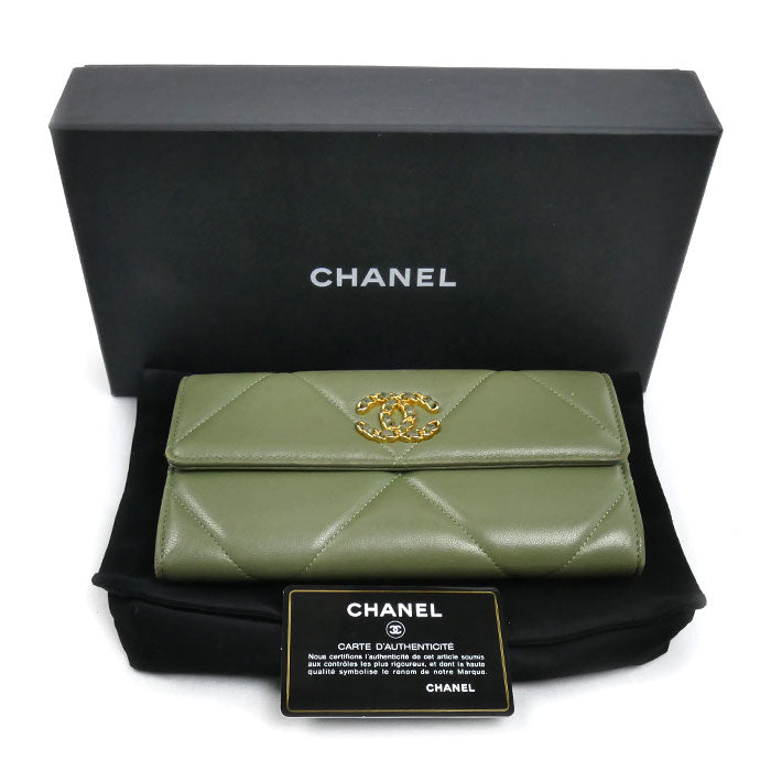 CHANEL シャネル 19 ロングフラップウォレット 長財布 カーキ AP0955 レディース【中古】
