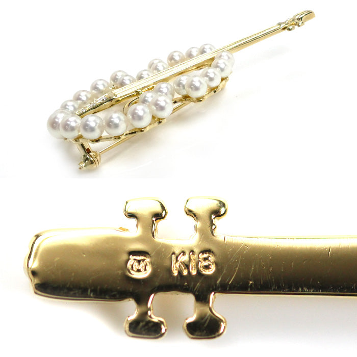 MIKIMOTO ミキモト K18YG イエローゴールド 弦楽器 ブローチ アコヤパール約3.7~5.0mm ダイヤモンド 10.4g レディース【中古】【美品】