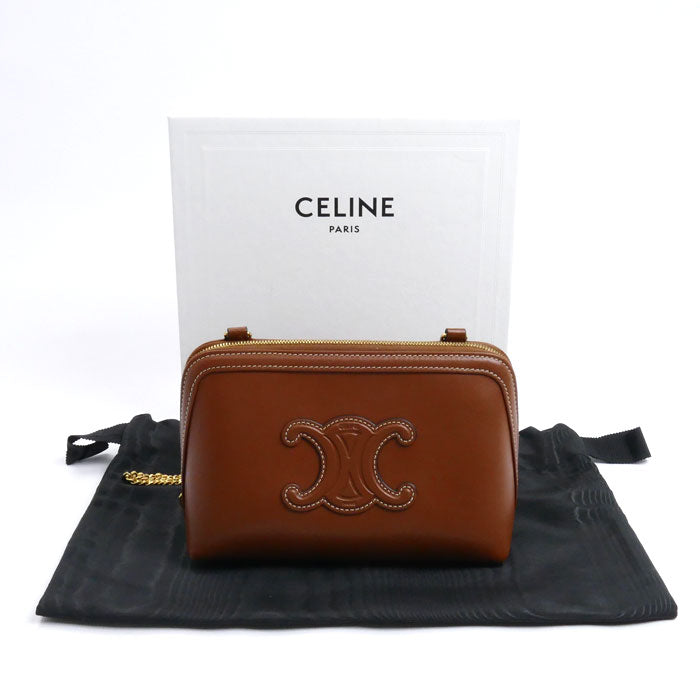CELINE セリーヌ チェーン付きクラッチ キュイル トリオンフ ショルダーバッグ タン 10E383DR8.04LU レディース【中古】