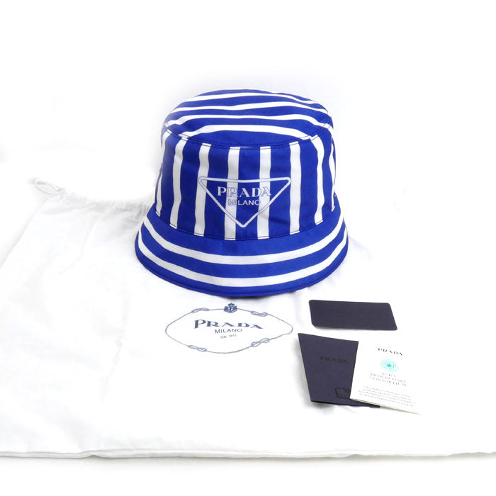 PRADA プラダ ストライプ Re-Nylon ハット ブルー ホワイト 1HC137 2FOJ IC M レディース【中古】【美品】