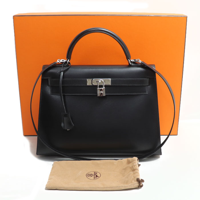 HERMES エルメス ケリー32 2Wayショルダーバッグ ブラック 外縫い □D刻印 ボックスカーフ レディース【中古】