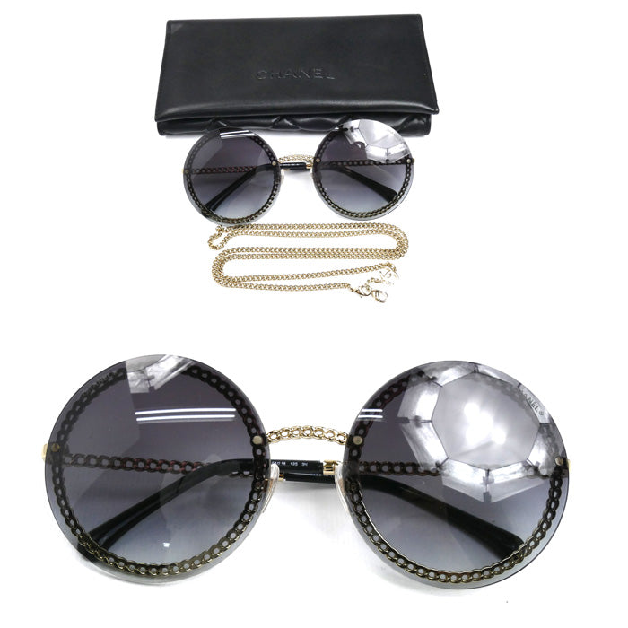 CHANEL シャネル ラウンド サングラス ブラック ゴールド 4245 c.395/S6 58□18 135 3N チェーン付き レディース【中古】