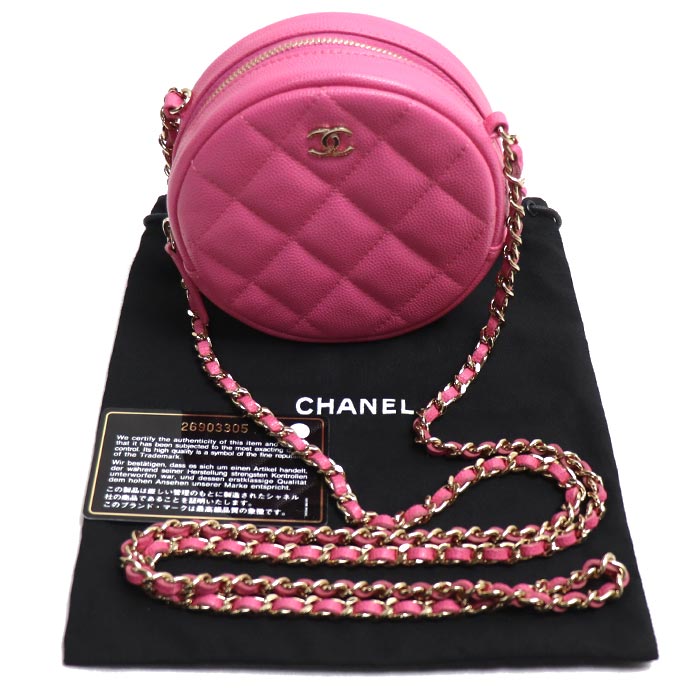 CHANEL シャネル マトラッセ ラウンド チェーンショルダー ショルダーバッグ ピンク キャビアスキン レディース【中古】【美品】