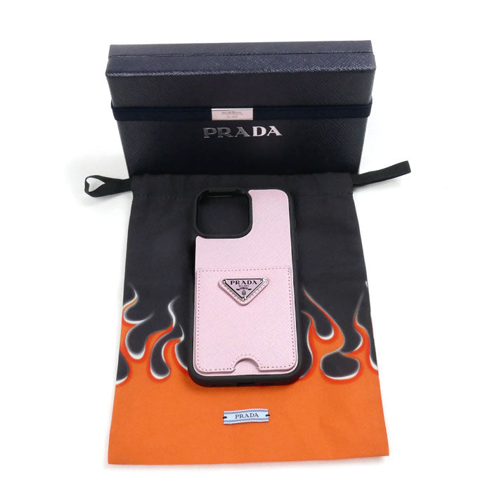 PRADA プラダ サフィアーノ レザー 15 Pro Max iPhoneケース ピンク ブラック 1ZH181 レディース【中古】【美品】