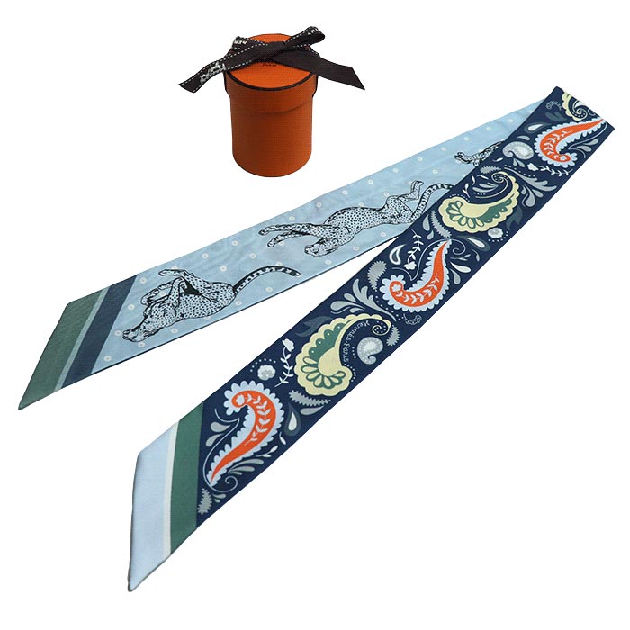 HERMES エルメス ツイリー GUEPARDS BANDANA チーター スカーフ ブルー マリン・クレール / ブルー・シエル / グリーン H064179S 04 レディース【中古】【美品】