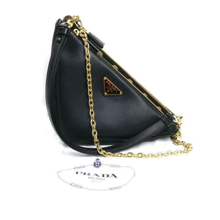PRADA プラダ トライアングルバッグ ショルダーバッグ ブラック×ベージュ 1BC176 2FPN レザー×ファブリック レディース【中古】【美品】