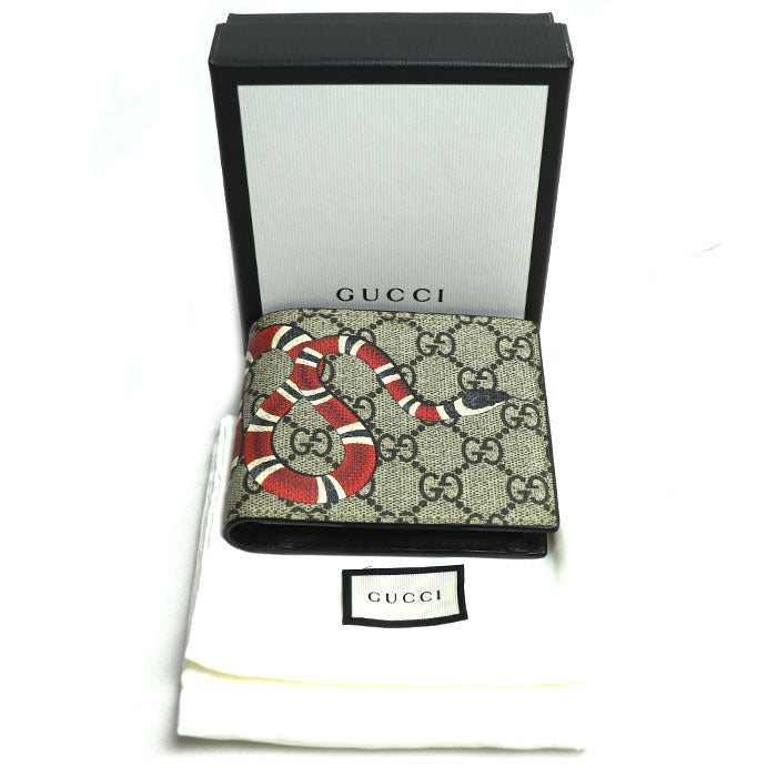 GUCCI グッチ GGスプリーム スネーク コンパクトウォレット 二つ折り財布 ベージュ×ブラック×レッド 451266 K551N 8666【中古】【美品】