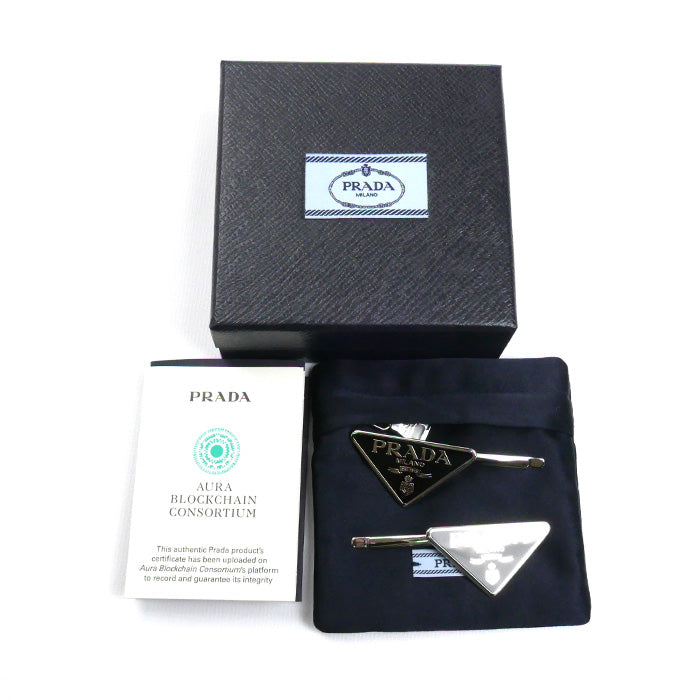 PRADA プラダ 真鍮 スティール トライアングルロゴ 2点セット ヘアアクセサリー ヘアクリップ 1IF051_2BA6_F0002 メタル ヘアピン レディース【中古】【美品】