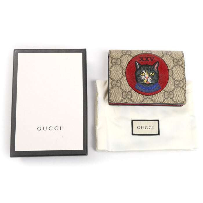 GUCCI グッチ GGスプリーム ミスティックキャット コンパクトウォレット 二つ折り財布 ベージュ×レッド 499380 レディース【中古】