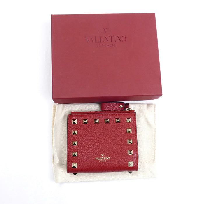 Valentino Garavani ヴァレンティノ・ガラヴァーニ ロックスタッズ コンパクトウォレット 二つ折り財布 レッド 3W2P0W06 レディース【中古】【美品】