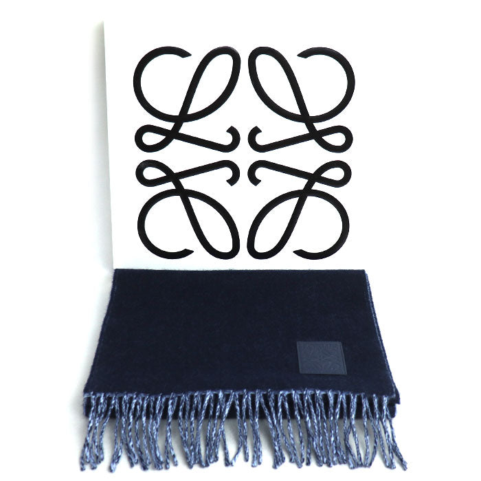 LOEWE ロエベ アナグラム ロゴ ウール×カシミヤ マフラー ネイビー×ライトブルー F811251X06 5142 ユニセックス【中古】【美品】