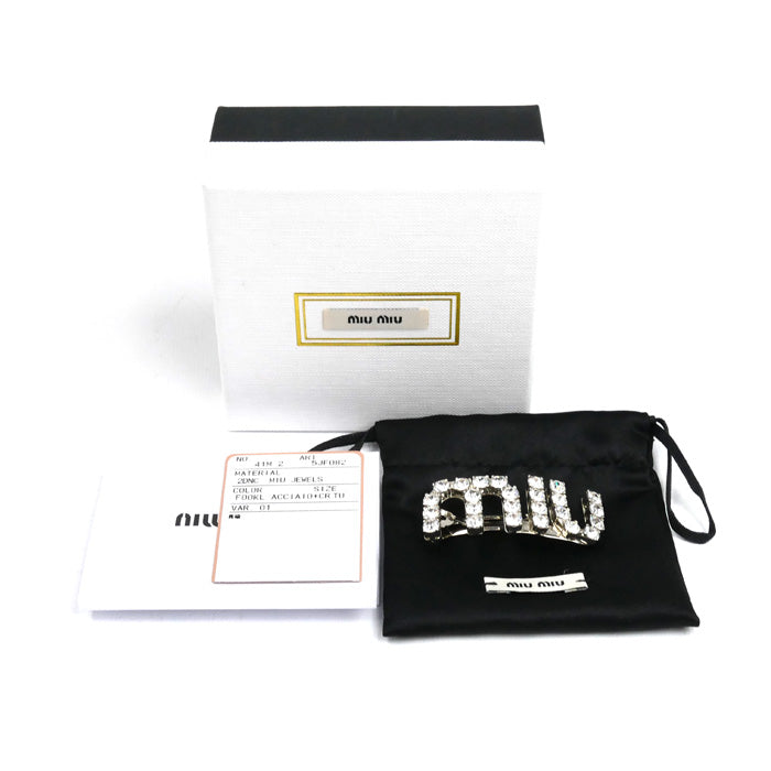 MIUMIU ミュウミュウ 真鍮 ラインストーン ロゴ バレッタ 5JF082_2DNC_F0OKL ヘアクリップ レディース【中古】【美品】