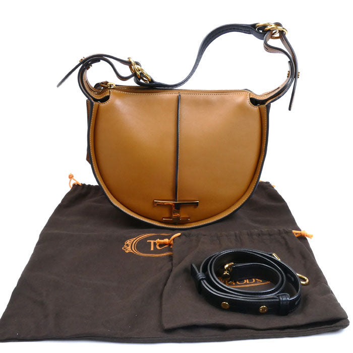 TOD’S トッズ Tタイムレス スモールホーボー 2Wayショルダーバッグ ブラウン XBWTSAE02005OU175S レディース【中古】
