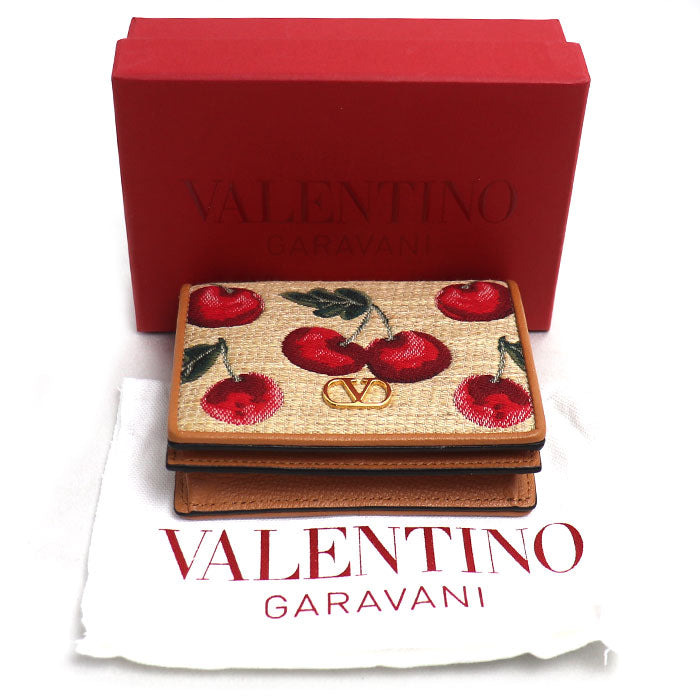Valentino ヴァレンチノ Vロゴ シグネチャー チェリフィックパターン ジャカードラフィア ウォレット 二つ折り財布 ベージュ レッド 6W0P0AJ3CJR_R9F レディース【中古】【美品】