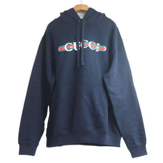 GUCCI グッチ コットンジャージー プリント フーデッド スウェットシャツ パーカー ネイビー 788771 XJG59 4735 M メンズ【中古】【極美品】