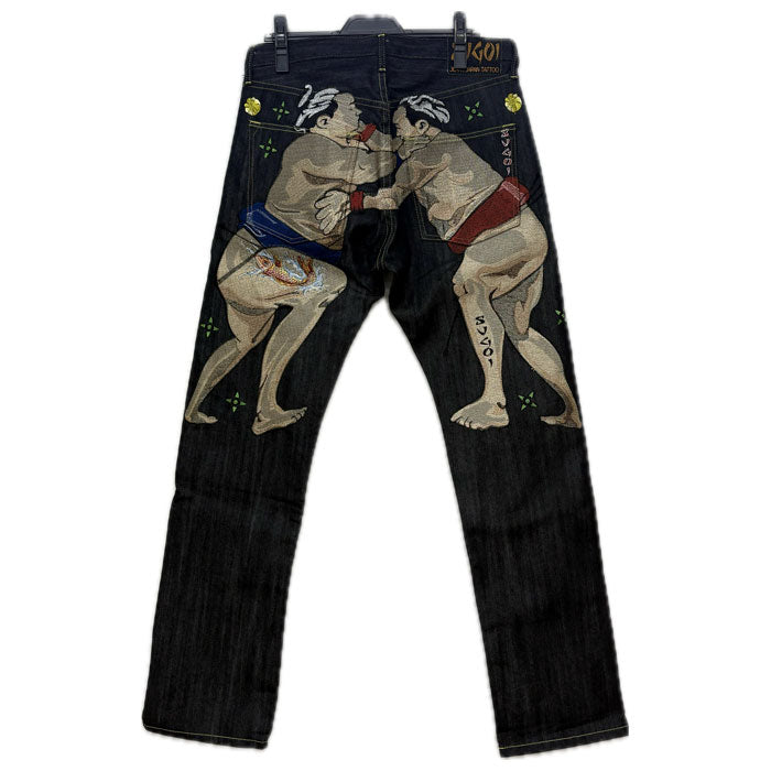 SUGOI すごい 相撲柄刺繍 SUGOI JEANS JAPAN TATOO デニムパンツ ネイビー 34 メンズ【中古】【極美品】