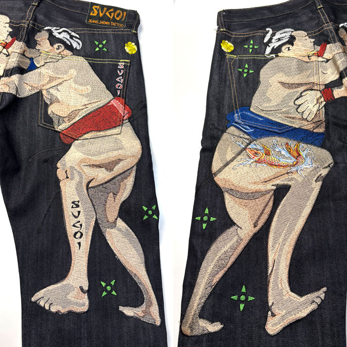 SUGOI すごい 相撲柄刺繍 SUGOI JEANS JAPAN TATOO デニムパンツ ネイビー 34 メンズ【中古】【極美品】
