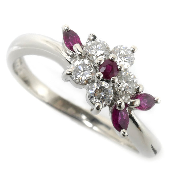 Pt900プラチナ フラワーモチーフ リング・指輪 ダイヤ0.39ct ルビー0.28ct 16号 4.9g レディース【中古】