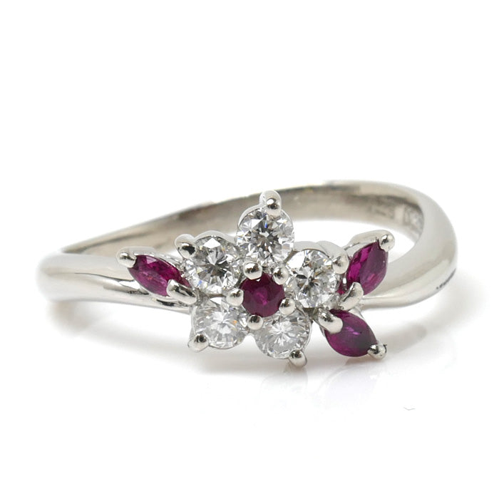 Pt900プラチナ フラワーモチーフ リング・指輪 ダイヤ0.39ct ルビー0.28ct 16号 4.9g レディース【中古】