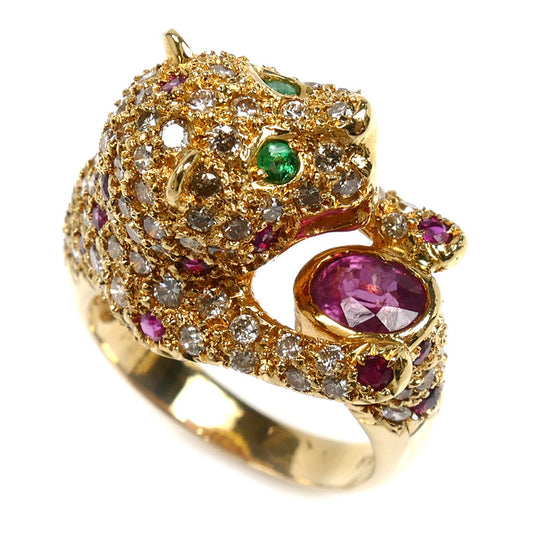 K18YG イエローゴールド パンサー リング・指輪 ダイヤモンド1.52ct エメラルド ルビー 12.5号 9.6g レディース【中古】