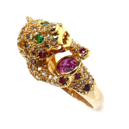 K18YG イエローゴールド パンサー リング・指輪 ダイヤモンド1.52ct エメラルド ルビー 12.5号 9.6g レディース【中古】