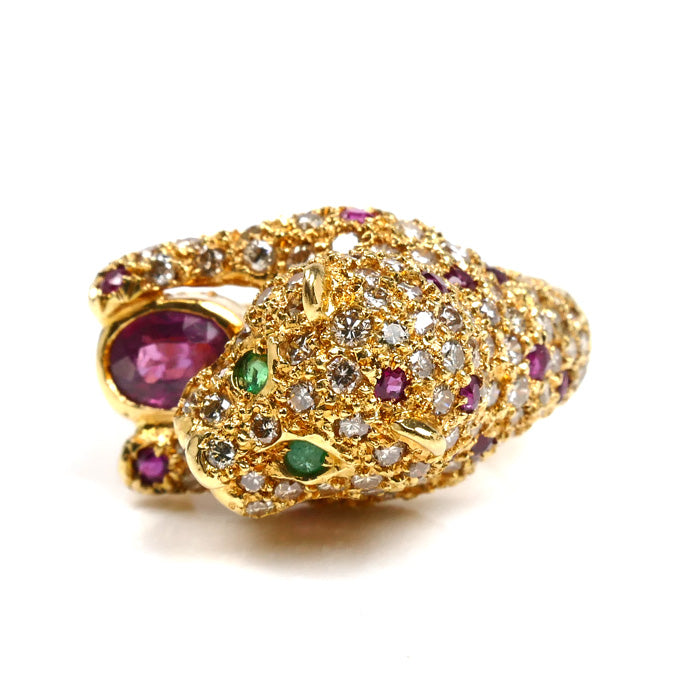 K18YG イエローゴールド パンサー リング・指輪 ダイヤモンド1.52ct エメラルド ルビー 12.5号 9.6g レディース【中古】