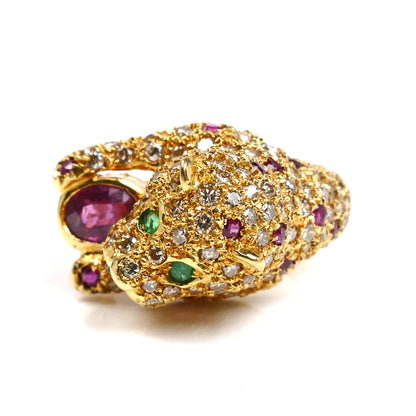 K18YG イエローゴールド パンサー リング・指輪 ダイヤモンド1.52ct エメラルド ルビー 12.5号 9.6g レディース【中古】