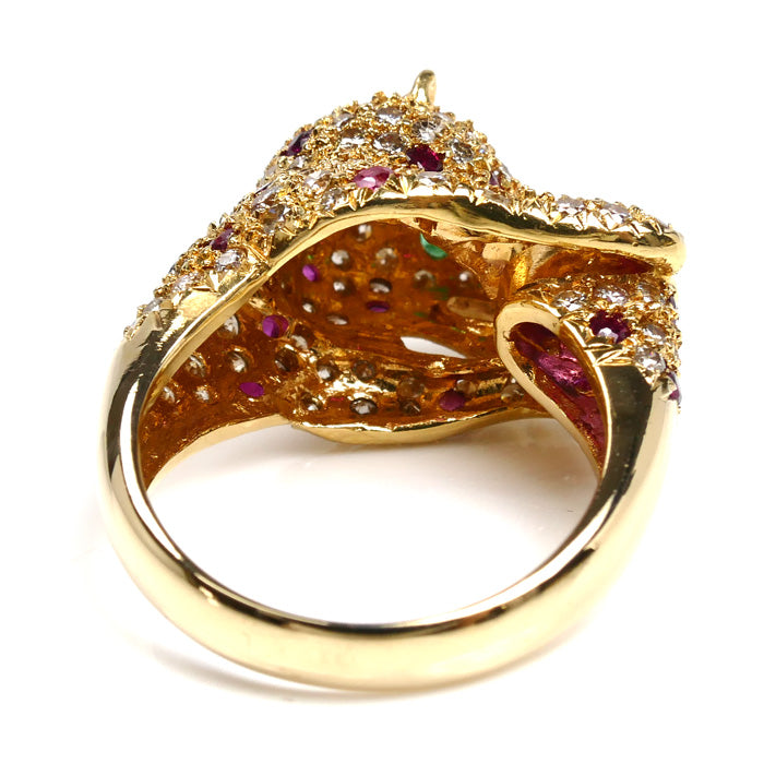 K18YG イエローゴールド パンサー リング・指輪 ダイヤモンド1.52ct エメラルド ルビー 12.5号 9.6g レディース【中古】