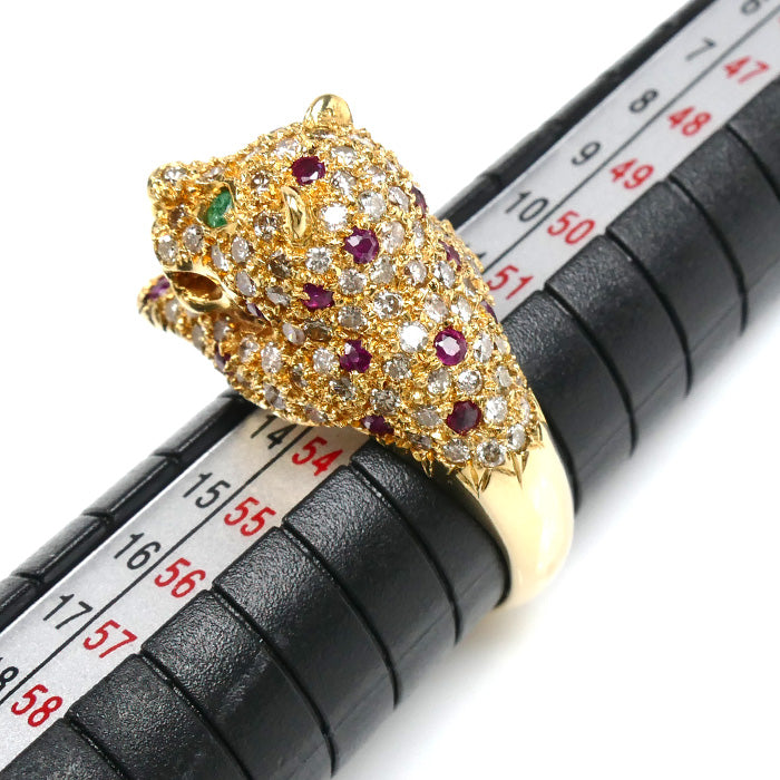 K18YG イエローゴールド パンサー リング・指輪 ダイヤモンド1.52ct エメラルド ルビー 12.5号 9.6g レディース【中古】