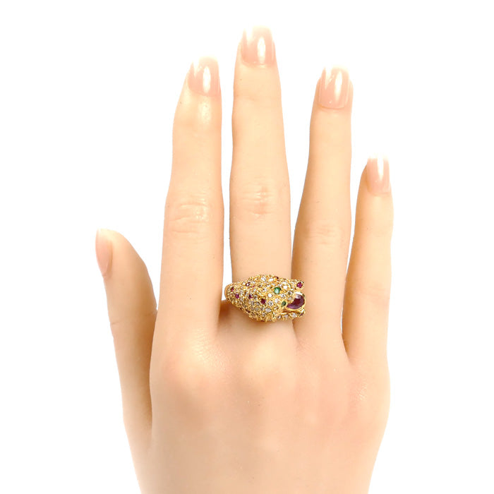 K18YG イエローゴールド パンサー リング・指輪 ダイヤモンド1.52ct エメラルド ルビー 12.5号 9.6g レディース【中古】
