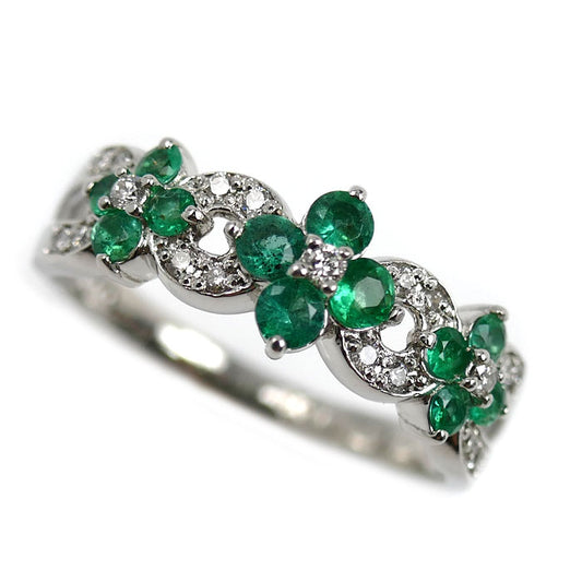 Pt900プラチナ フラワーモチーフ リング・指輪 エメラルド0.40ct ダイヤモンド0.15ct 15号 4.8g レディース【中古】