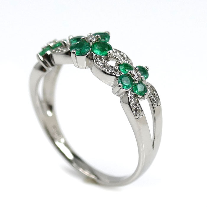 Pt900プラチナ フラワーモチーフ リング・指輪 エメラルド0.40ct ダイヤモンド0.15ct 15号 4.8g レディース【中古】