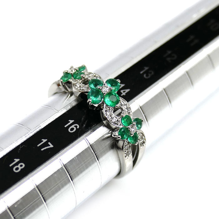Pt900プラチナ フラワーモチーフ リング・指輪 エメラルド0.40ct ダイヤモンド0.15ct 15号 4.8g レディース【中古】