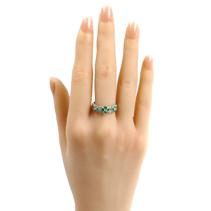 Pt900プラチナ フラワーモチーフ リング・指輪 エメラルド0.40ct ダイヤモンド0.15ct 15号 4.8g レディース【中古】