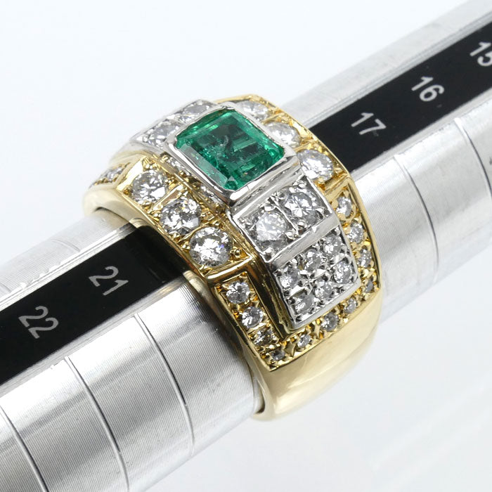 K18YG イエローゴールド Pt900プラチナ リング・指輪 エメラルド1.34ct ダイヤモンド1.57ct 19号 17.2g メンズ【中古】