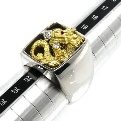 Pt950プラチナ K18YG イエローゴールド 龍 リング・指輪 ダイヤモンド0.08ct ルビー0.005ct 22号 36.1g メンズ【中古】【美品】