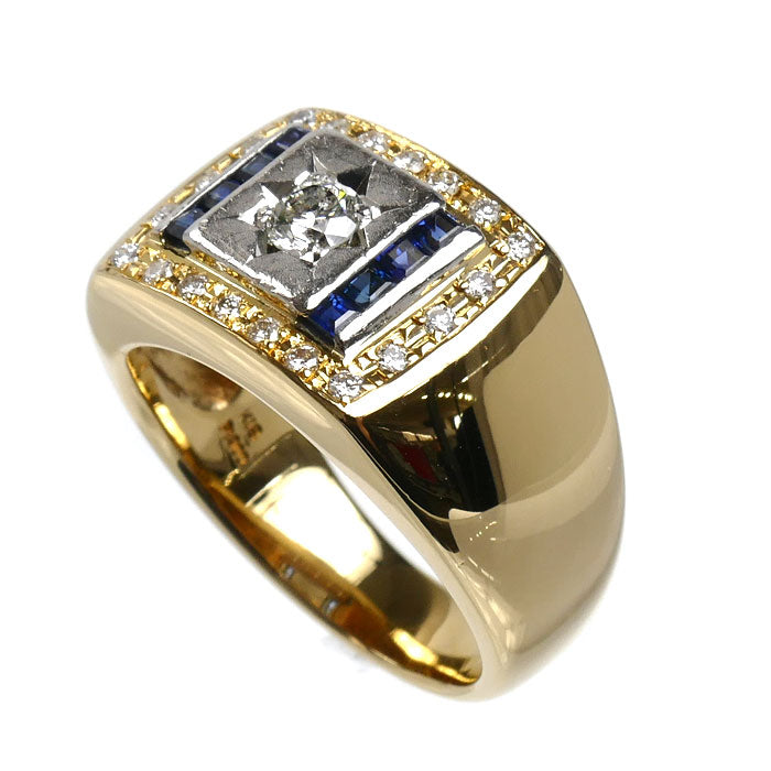 K18YG イエローゴールド Pt900プラチナ リング・指輪 ダイヤモンド0.22ct/0.21ct サファイア0.40ct 18号 12.9g メンズ【中古】