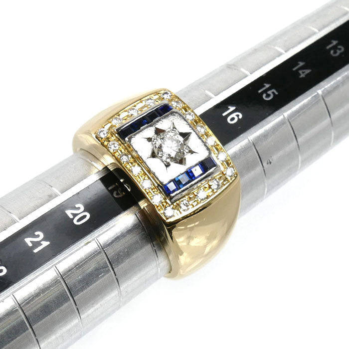 K18YG イエローゴールド Pt900プラチナ リング・指輪 ダイヤモンド0.22ct/0.21ct サファイア0.40ct 18号 12.9g メンズ【中古】