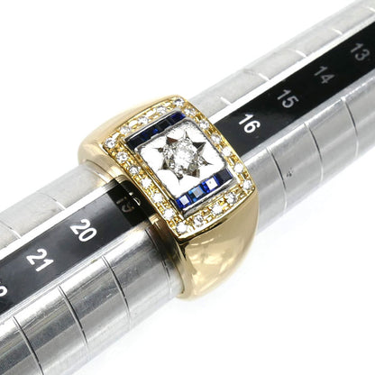 K18YG イエローゴールド Pt900プラチナ リング・指輪 ダイヤモンド0.22ct/0.21ct サファイア0.40ct 18号 12.9g メンズ【中古】