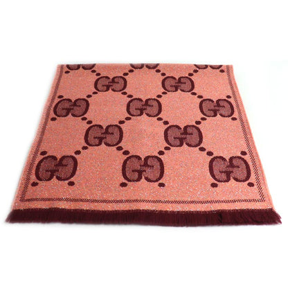 GUCCI グッチ GGウール ラメ ジャカード スカーフ ロゴ マフラー ピンク ワインレッド 598993 3GC15 レディース【中古】【美品】