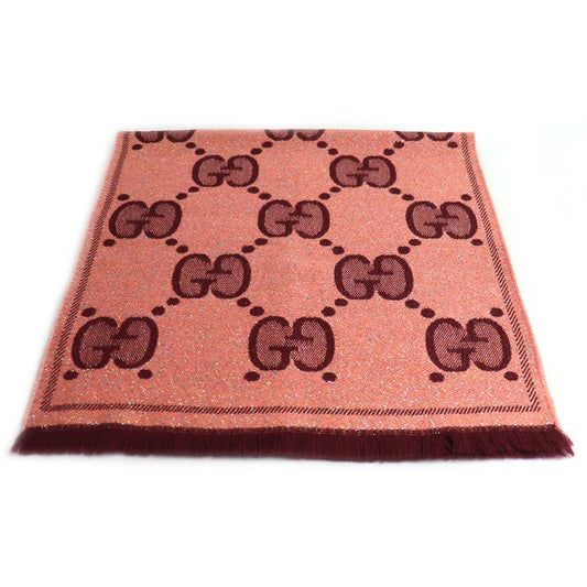 GUCCI グッチ GGウール ラメ ジャカード スカーフ ロゴ マフラー ピンク ワインレッド 598993 3GC15 レディース【中古】【美品】