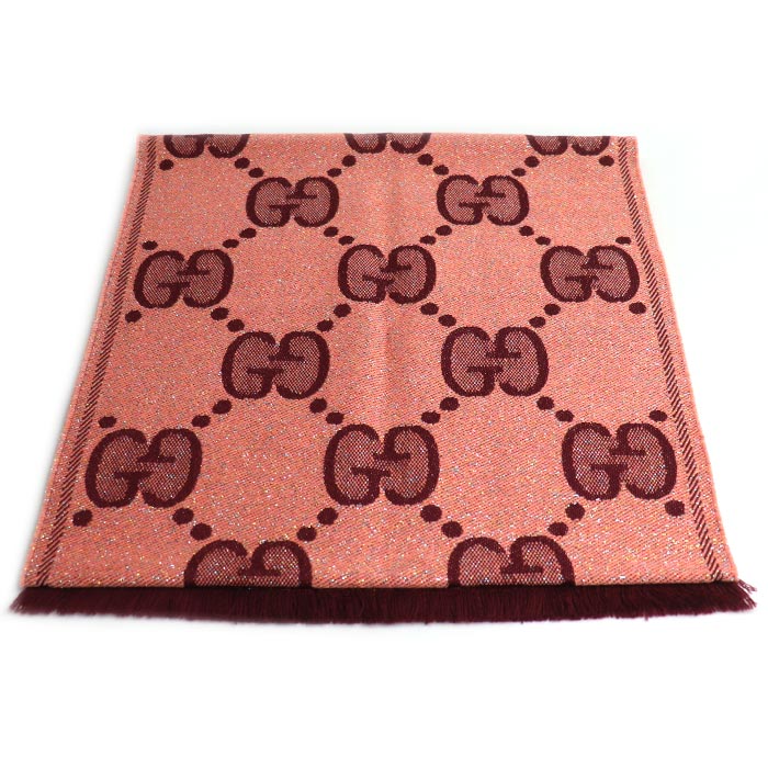 GUCCI グッチ GGウール ラメ ジャカード スカーフ ロゴ マフラー ピンク ワインレッド 598993 3GC15 レディース【中古】【美品】