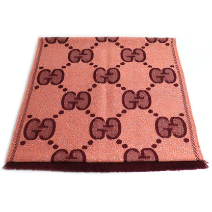GUCCI グッチ GGウール ラメ ジャカード スカーフ ロゴ マフラー ピンク ワインレッド 598993 3GC15 レディース【中古】【美品】