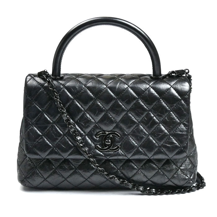 CHANEL シャネル ココハンドル 29 エイジドカーフスキン 2Wayショルダーバッグ メタリックブラック レディース【中古】