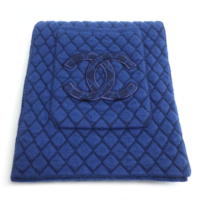 CHANEL シャネル 大判 ポケット付き キルティング マフラー ブルー レディース【中古】